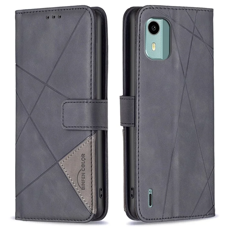 BINFEN COLOR BF05 Flip Case für Nokia C12 4G / C12 Pro / C12 Plus PU-Leder mit Prägung Brieftasche Handyhülle - Schwarz