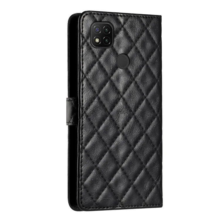 Per Xiaomi Redmi 10A PU Leather Flip Stand Cover Stitching Line Rhombus Wallet Phone Case - Black