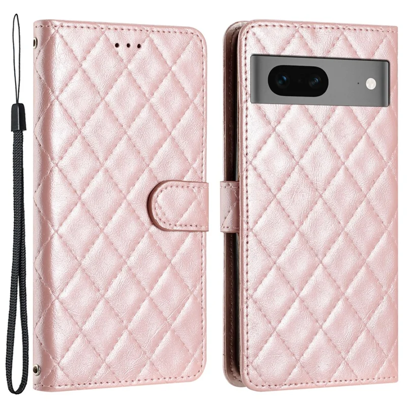 For Google Pixel 8 Stitching Line Rhombus Leather Phone Case Cell Phone Wallet Stand Cover - Rose Gold