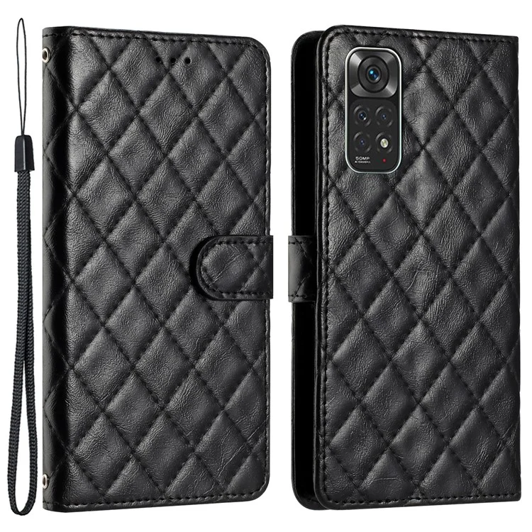 Для Xiaomi Redmi Note 11S 4G / Note 11 4G (Qualcomm) Кожаный чехол-бумажник с подставкой, строчка, ромбовидный узор - черный