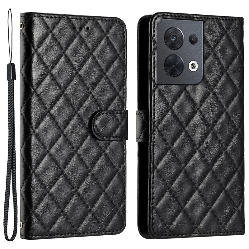 For Oppo Reno8 5G (Global Version) Phone Stand Case PU Leather Wallet Stitching Line Rhombus Cover - Black