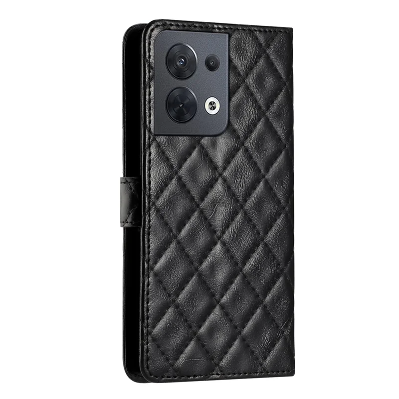 For Oppo Reno8 5G (Global Version) Phone Stand Case PU Leather Wallet Stitching Line Rhombus Cover - Black