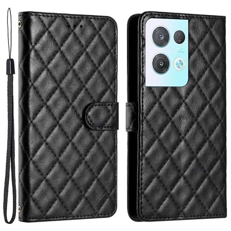 Für Oppo Reno8 Pro 5G (Global Version) PU-Leder-Brieftasche Hülle Ständer Nählinien Rhombus Handyhülle - Schwarz