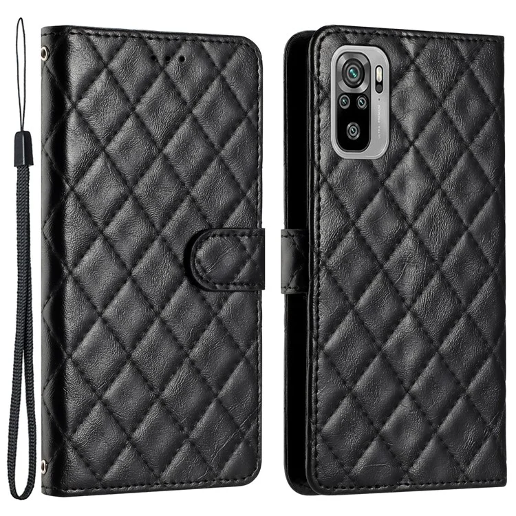 For Xiaomi Redmi Note 10 4G / Note 10S 4G Stand Wallet Phone Case Stitching Line Rhombus PU Leather Cover - Black