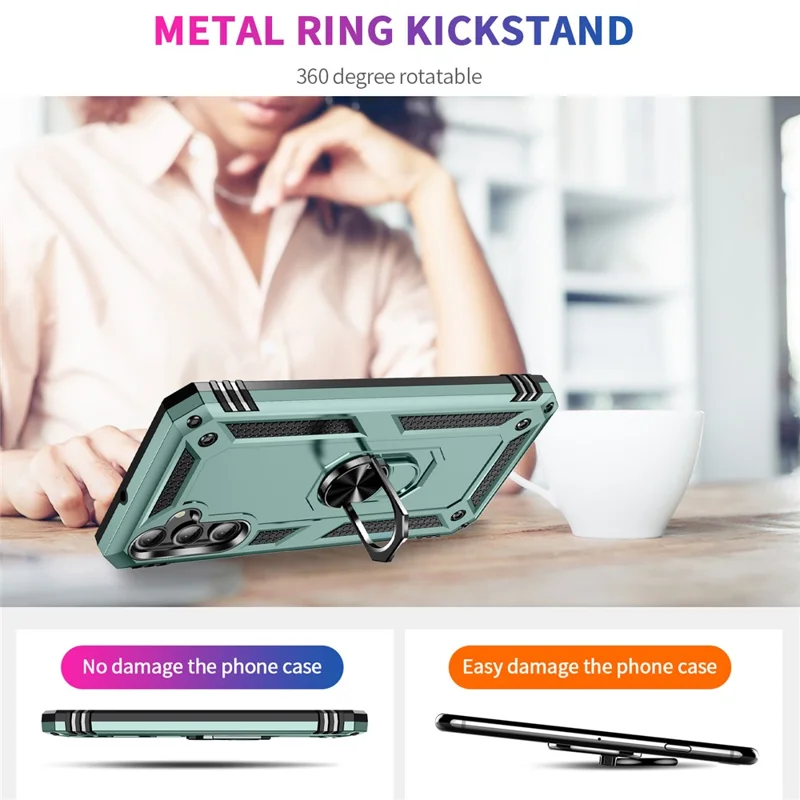 For Samsung Galaxy A24 4G (162.1 x 77.6 x 8.3mm) Kickstand Car Mount Phone Case PC + TPU Dual Layer Protective Cover - Blackish Green