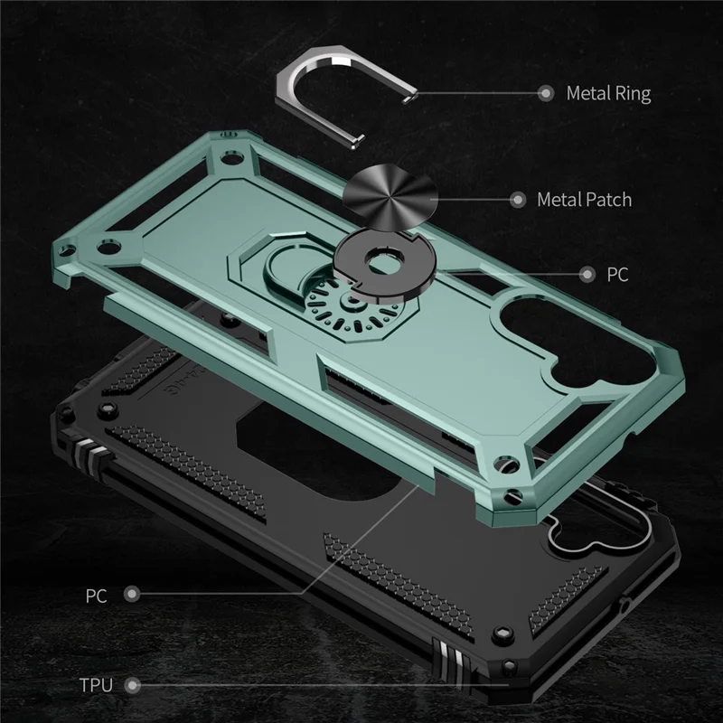 For Samsung Galaxy A24 4G (162.1 x 77.6 x 8.3mm) Kickstand Car Mount Phone Case PC + TPU Dual Layer Protective Cover - Blackish Green