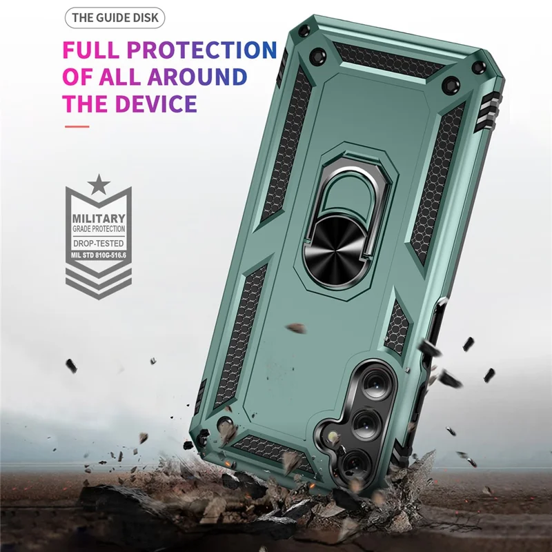 For Samsung Galaxy A24 4G (162.1 x 77.6 x 8.3mm) Kickstand Car Mount Phone Case PC + TPU Dual Layer Protective Cover - Blackish Green
