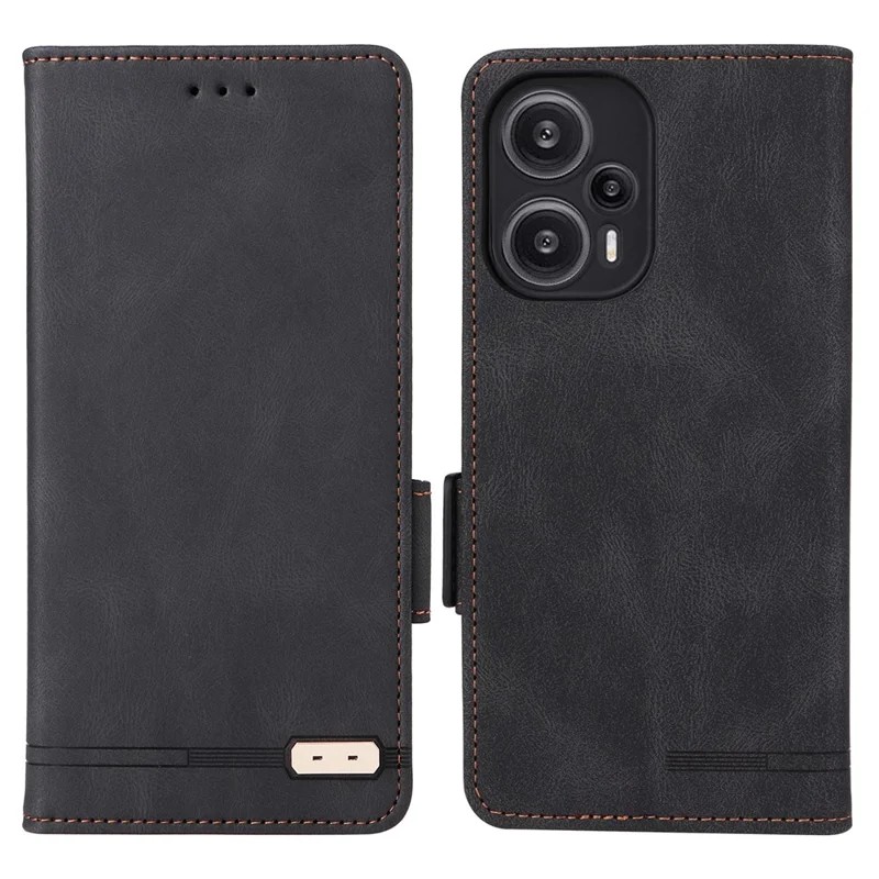 غطاء جلد PU مقاوم للصدمات مع حامل ومحفظة بديكور معدني لهاتف Xiaomi Redmi Note 12 Turbo / Poco F5 5G - أسود