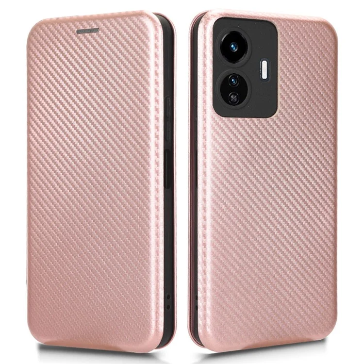 Per vivo Y77 5G Carbon Fiber Texture Leather Phone Case Cover con supporto e porta carte - Rose Gold