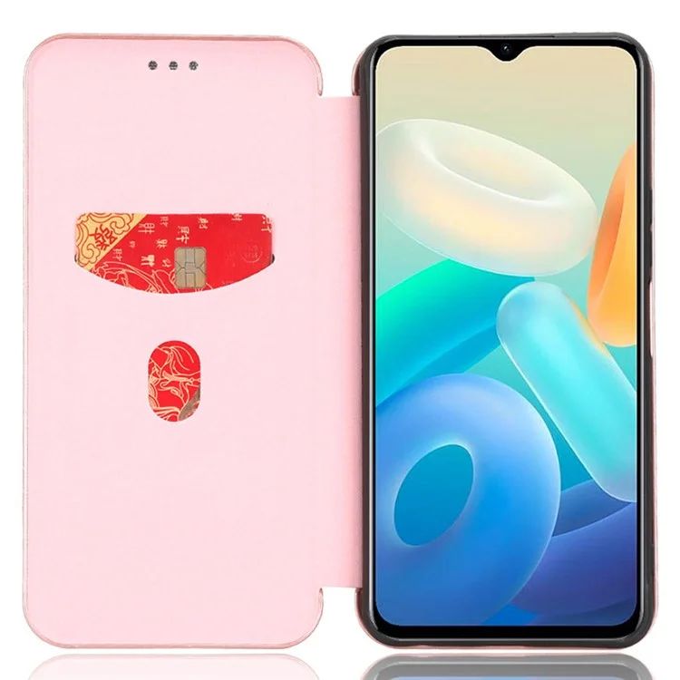 Per vivo Y77 5G Carbon Fiber Texture Leather Phone Case Cover con supporto e porta carte - Rose Gold