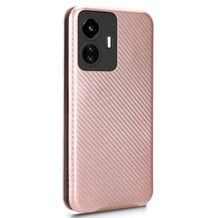 Per vivo Y77 5G Carbon Fiber Texture Leather Phone Case Cover con supporto e porta carte - Rose Gold