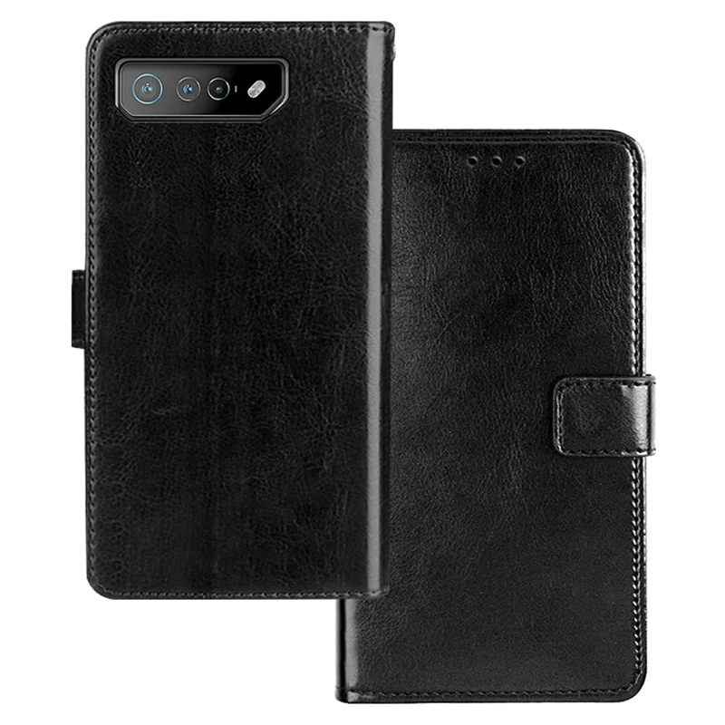IDEWEI Für Asus ROG Phone 7 5G Handy-Geldbörsen-Hülle verrücktes Pferd Textur PU-Leder Ständer Handyhülle - Schwarz