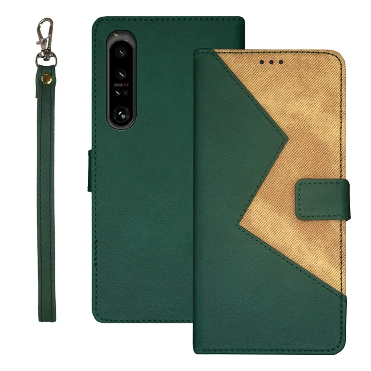 IDEWEI Splicing PU Leather Cover per Sony Xperia 1 V Stand Flip Phone Case con slot per schede - Verde