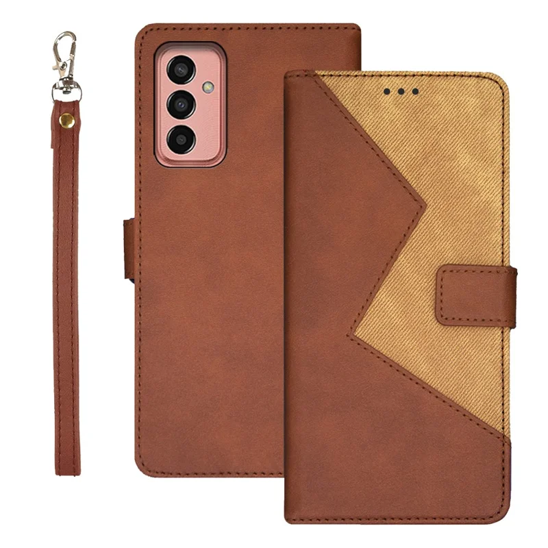 IDEWEI For Samsung Galaxy M13 4G Flip Phone Cover Splicing Style PU Leather Stand Case with Card Slots - Brown