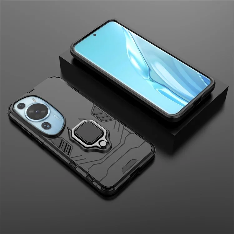 Para Huawei P60 Art Rotating Ring Kickstand Phone Case TPU+PC Hybrid Dual Layer Defender Cover - Negro