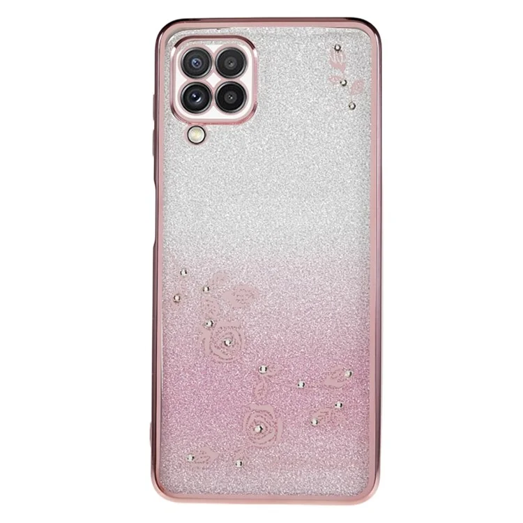 KADEM For Samsung Galaxy A12 Gradient Glitter Case Flower Pattern Rhinestone TPU Phone Cover - Rose Gold