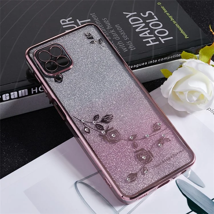 KADEM For Samsung Galaxy A12 Gradient Glitter Case Flower Pattern Rhinestone TPU Phone Cover - Rose Gold