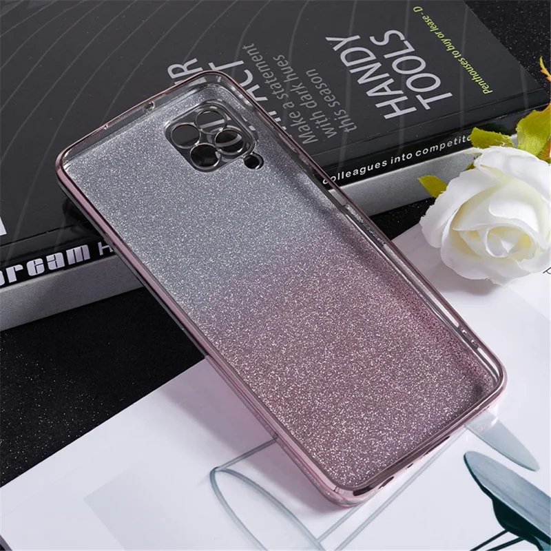 KADEM For Samsung Galaxy A12 Gradient Glitter Case Flower Pattern Rhinestone TPU Phone Cover - Rose Gold