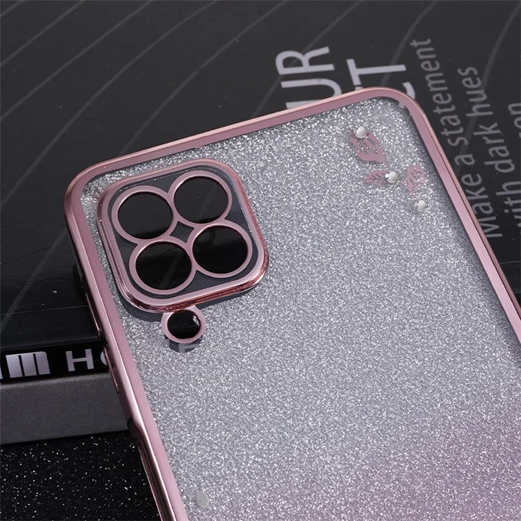 KADEM For Samsung Galaxy A12 Gradient Glitter Case Flower Pattern Rhinestone TPU Phone Cover - Rose Gold