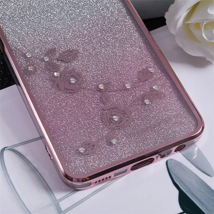 KADEM For Samsung Galaxy A12 Gradient Glitter Case Flower Pattern Rhinestone TPU Phone Cover - Rose Gold
