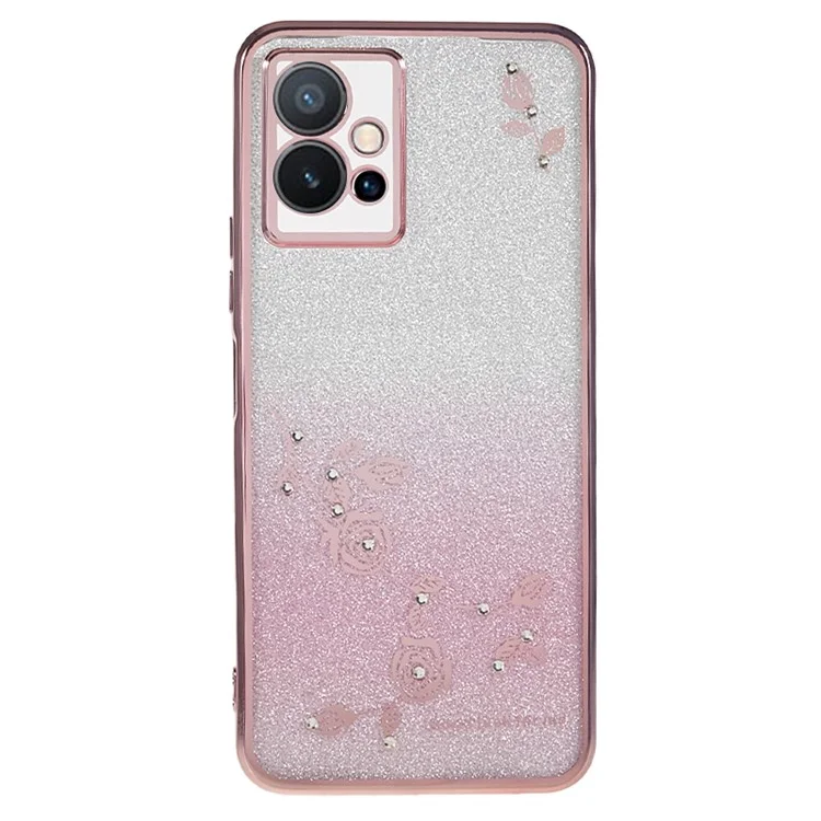 KADEM Flower Gradient Glitter Phone Case per vivo Y75 5G / T1 5G / Y33e 5G / Y30 5G / Y55s 5G / iQOO Z6, Cover morbida in TPU con Strass - Rose Gold