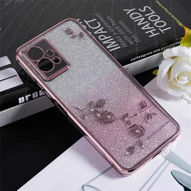 KADEM Flower Gradient Glitter Phone Case per vivo Y75 5G / T1 5G / Y33e 5G / Y30 5G / Y55s 5G / iQOO Z6, Cover morbida in TPU con Strass - Rose Gold