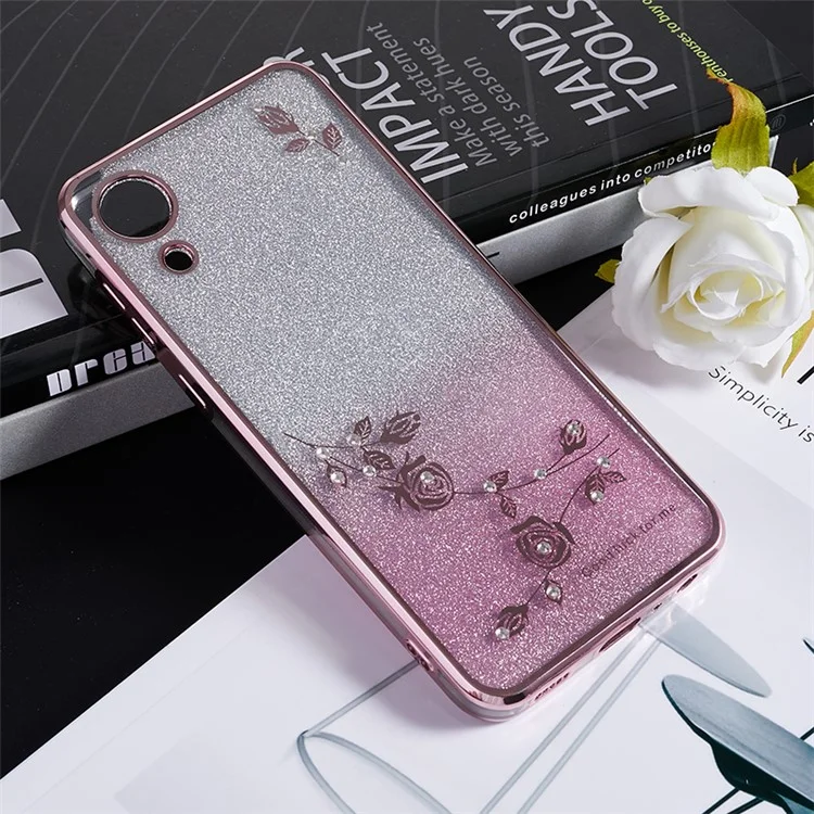 Para Samsung Galaxy A03 Gradiente Core Glitter TPU Case Floral Pattern Rhinestone Tampo - Rosa Ouro