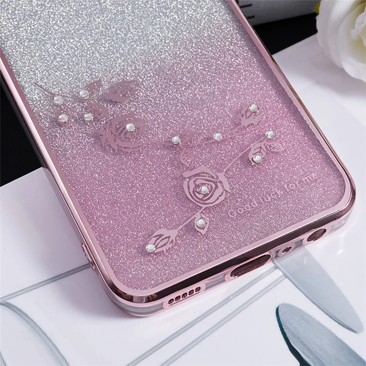 Para Samsung Galaxy A03 Gradiente Core Glitter TPU Case Floral Pattern Rhinestone Tampo - Rosa Ouro