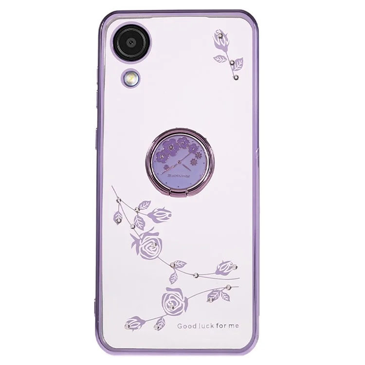 Para o Samsung Galaxy A03 Core Flor Padrão de Flor Stromestone Caso Ring Kickstand Eletroplating TPU Tampa - Roxo