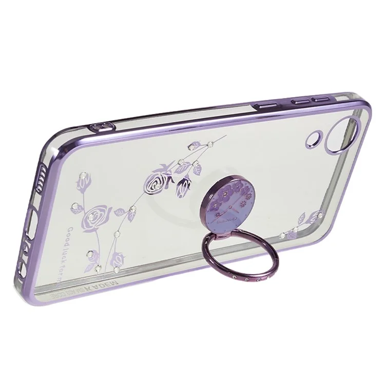 KADEM Para Samsung Galaxy A03 Core Capa de Telefone com Padrão de Flor e Cristais Strass, Suporte Giratório Anel, Revestimento de TPU Eletrolítico - Roxo