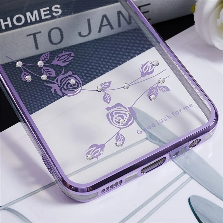 Para o Samsung Galaxy A03 Core Flor Padrão de Flor Stromestone Caso Ring Kickstand Eletroplating TPU Tampa - Roxo