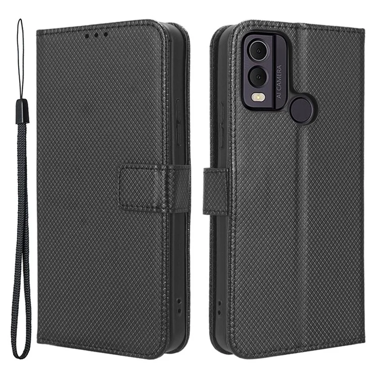 Para Nokia C22 Diamond Texture PU Leather Phone Case Stand Wallet Cover - Negro