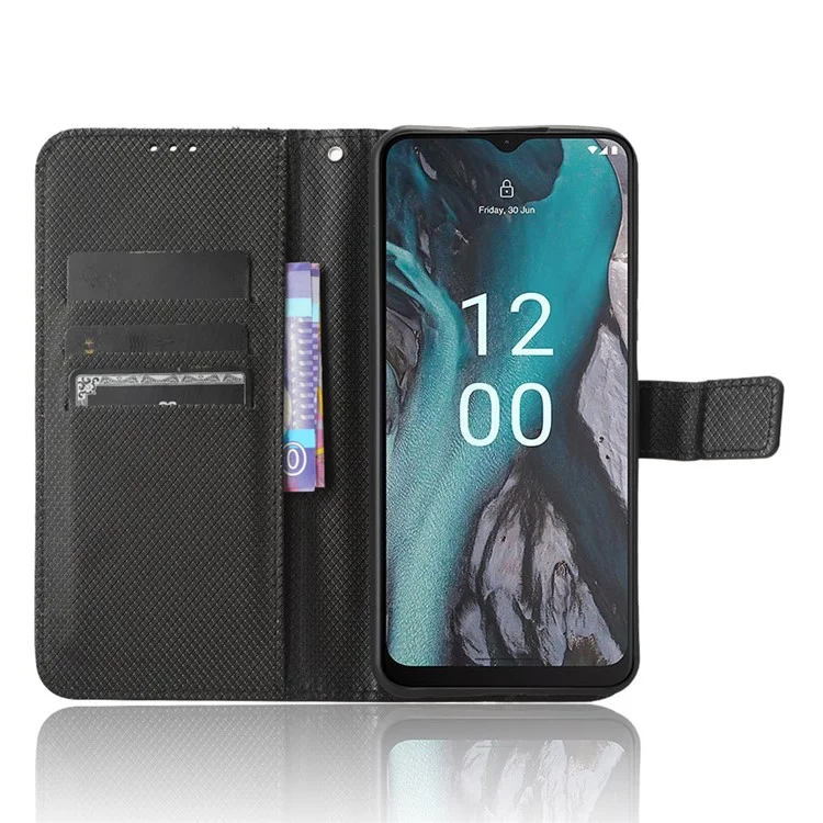 Para Nokia C22 Diamond Texture PU Leather Phone Case Stand Wallet Cover - Negro