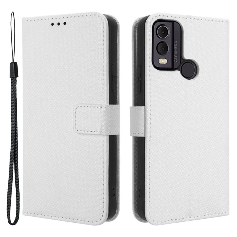 For Nokia C22 Diamond Texture PU Leather Phone Case Stand Wallet Cover - White