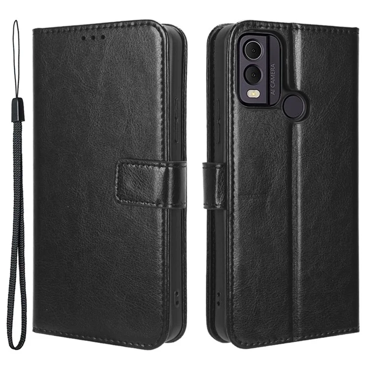 Custodia Portafoglio in Pelle PU per Nokia C22, Copertura per Smartphone con Trama a Cavallo Pazzo, Supporto Pieghevole - Nero