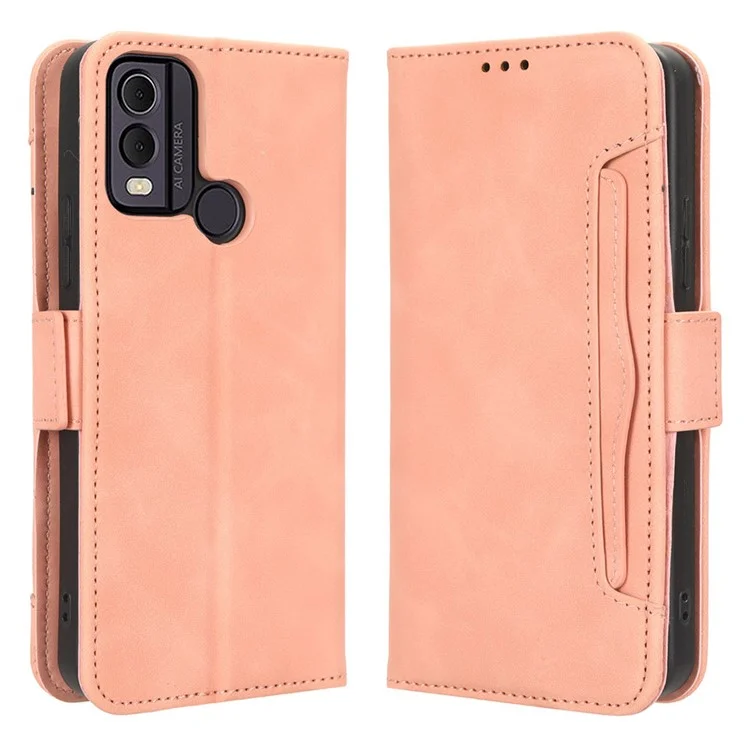 Para Nokia C22 Slots Múltiplos de Cartão Caso de Couro PU Stand Wallet Phone Cover - Pink