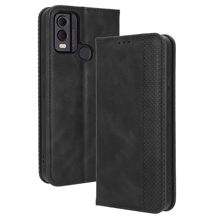 Étui pour téléphone en cuir PU rétro pour Nokia C22, support pliable Wallet Cell Phone Cover - Noir