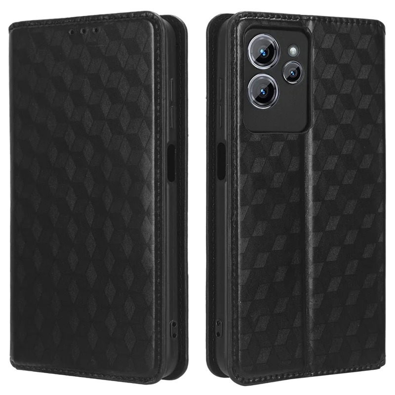 Oukitel C32 Portemonnee Stand Leren Telefoonhoesje met Ruitvormige Inprint - Zwart