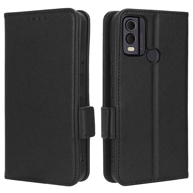 For Nokia C22 Funda para teléfono móvil de piel de PU resistente a golpes, textura de grano, tapa plegable y billetera - Negro