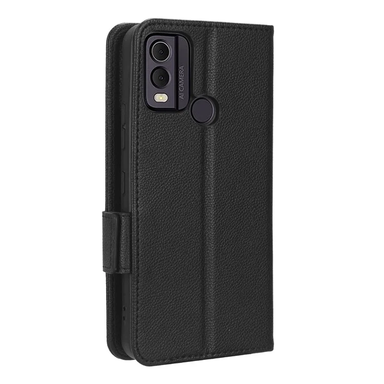 For Nokia C22 Funda para teléfono móvil de piel de PU resistente a golpes, textura de grano, tapa plegable y billetera - Negro