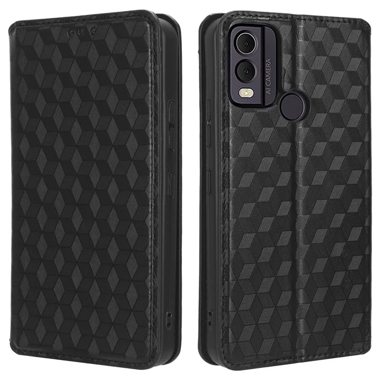 Para Nokia C22 Capa de Carteira de Couro PU com Fecho Magnético Estampada em Losango - Preta