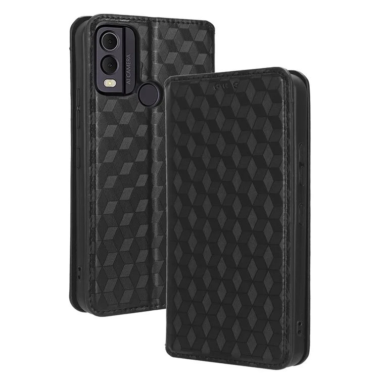 Para Nokia C22 Capa de Carteira de Couro PU com Fecho Magnético Estampada em Losango - Preta