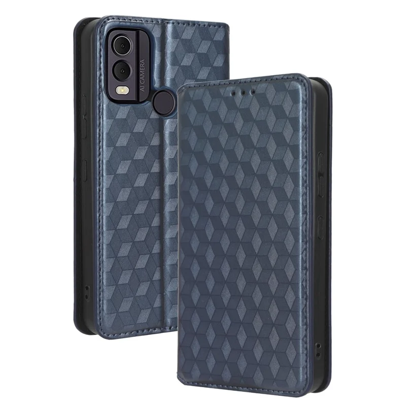 For Nokia C22 PU Leather Magnetic Closing Cover Rhombus Imprinted Wallet Stand Phone Case - Blue