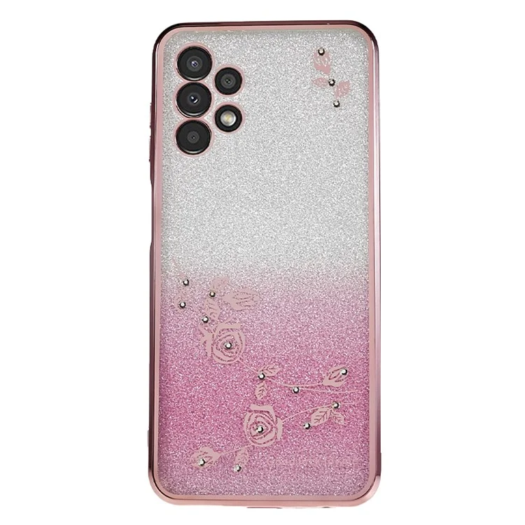 Capa traseira KADEM TPU para Samsung Galaxy A13 4G, gradiente brilhante, padrão floral com strass - Ouro Rosa