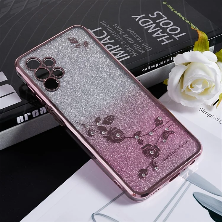 Capa traseira KADEM TPU para Samsung Galaxy A13 4G, gradiente brilhante, padrão floral com strass - Ouro Rosa