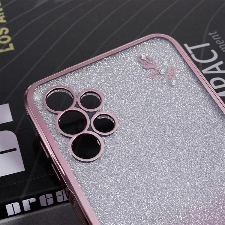 Capa traseira KADEM TPU para Samsung Galaxy A13 4G, gradiente brilhante, padrão floral com strass - Ouro Rosa
