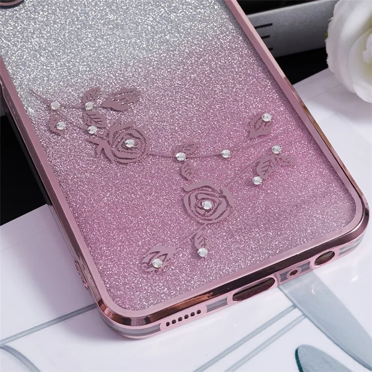 Capa traseira KADEM TPU para Samsung Galaxy A13 4G, gradiente brilhante, padrão floral com strass - Ouro Rosa