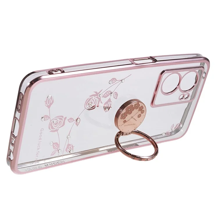 KADEM Fleur en strass Couverture pour Oppo A57 (2022) 5G / A77 5G Étui de téléphone TPU transparent électrolysé avec support anneau - Or rose