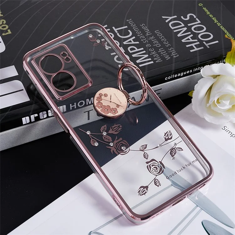 KADEM Fleur en strass Couverture pour Oppo A57 (2022) 5G / A77 5G Étui de téléphone TPU transparent électrolysé avec support anneau - Or rose