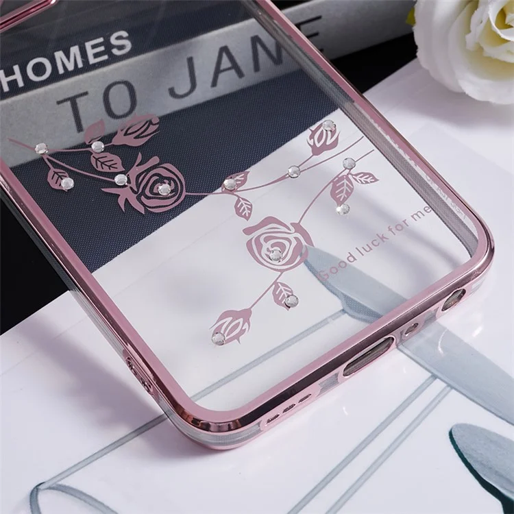 KADEM Fleur en strass Couverture pour Oppo A57 (2022) 5G / A77 5G Étui de téléphone TPU transparent électrolysé avec support anneau - Or rose